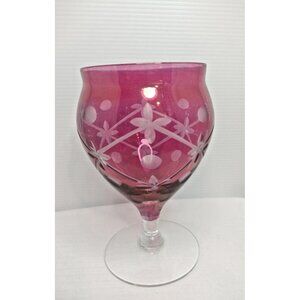 Vintage Cranberry Glass Etched Floral Design Goblet 6"X3"3/8